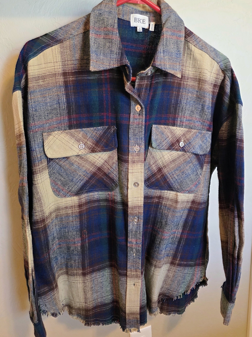 BKE Women's Navy, Cream & Brown Plaid Button-Down Shirt